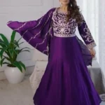 Purple Color Heavy Embroidery Thread Work Party Wear Gown
