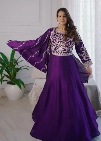 Purple Color Heavy Embroidery Thread Work Party Wear Gown