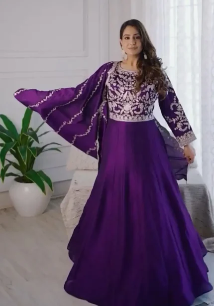 Purple Color Heavy Embroidery Thread Work Party Wear Gown