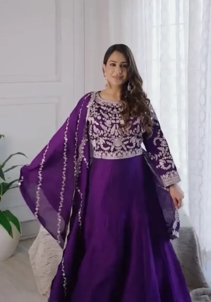 Purple Color Heavy Embroidery Thread Work Party Wear Gown