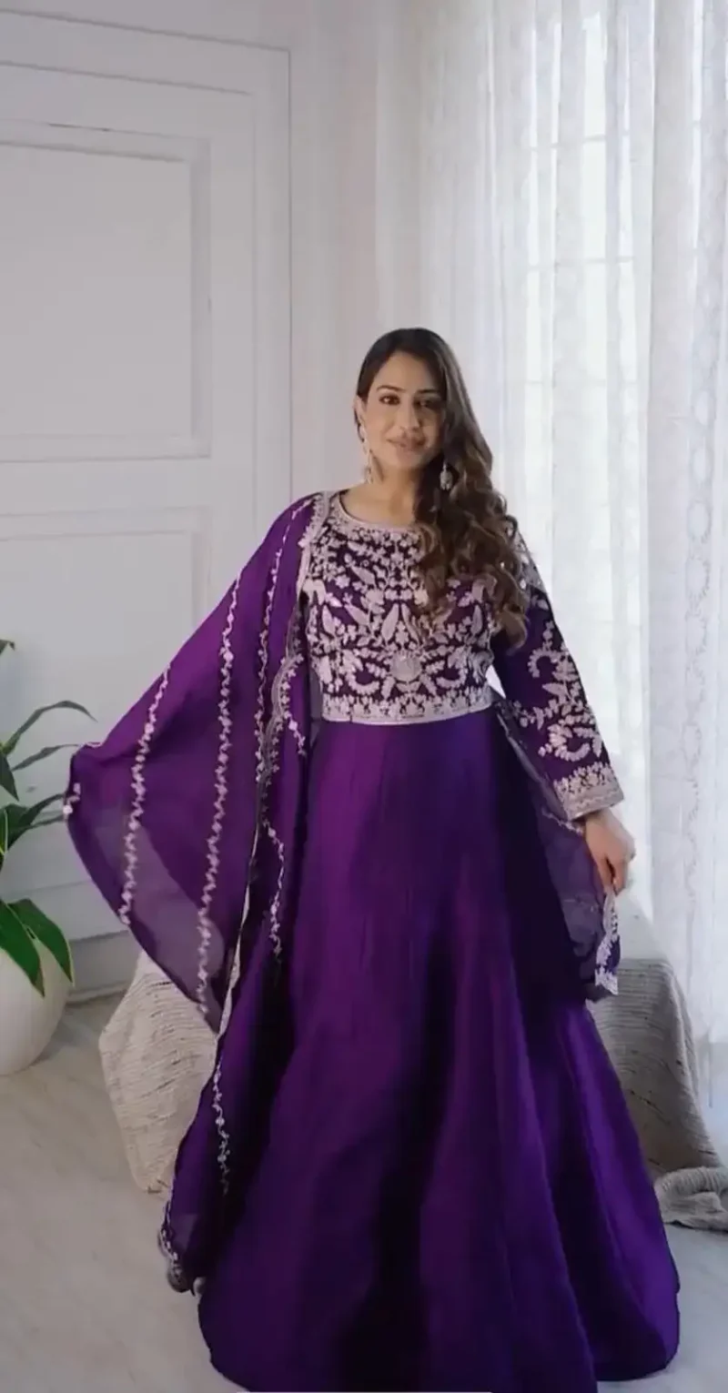 Purple Color Heavy Embroidery Thread Work Party Wear Gown