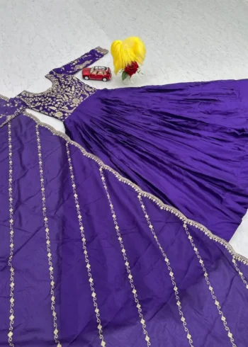 Purple Color Heavy Embroidery Thread Work Party Wear Gown