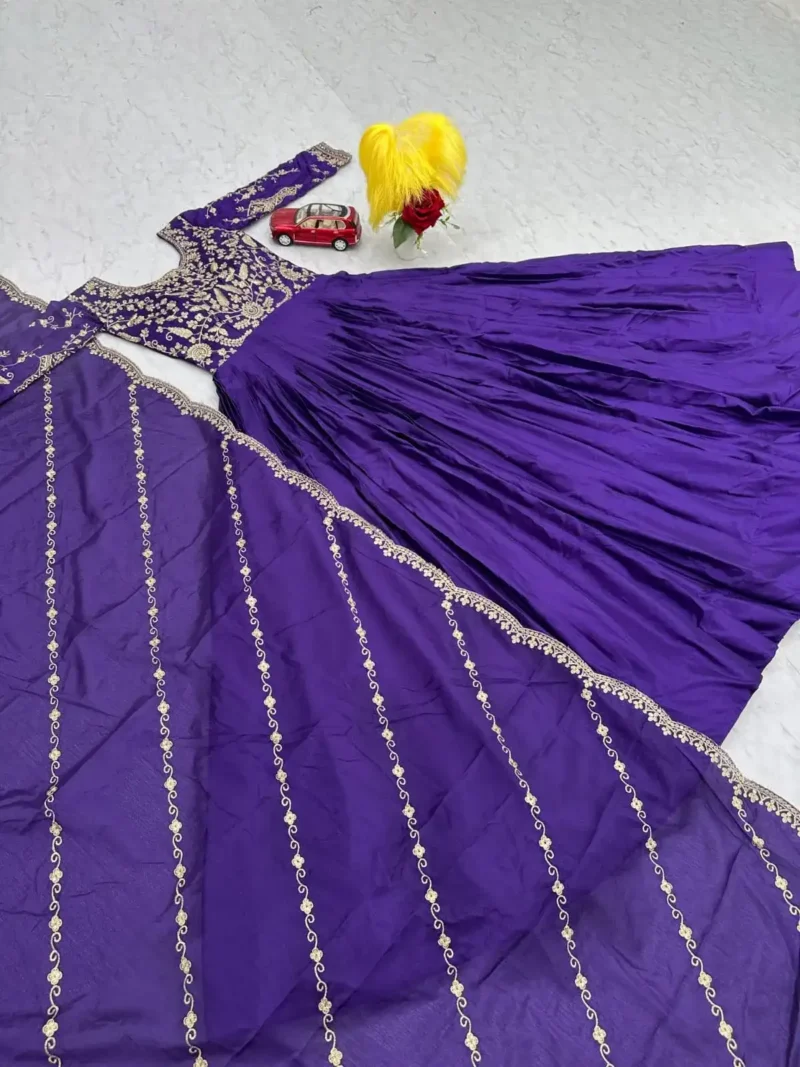 Purple Color Heavy Embroidery Thread Work Party Wear Gown