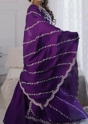 Purple Color Heavy Embroidery Thread Work Party Wear Gown