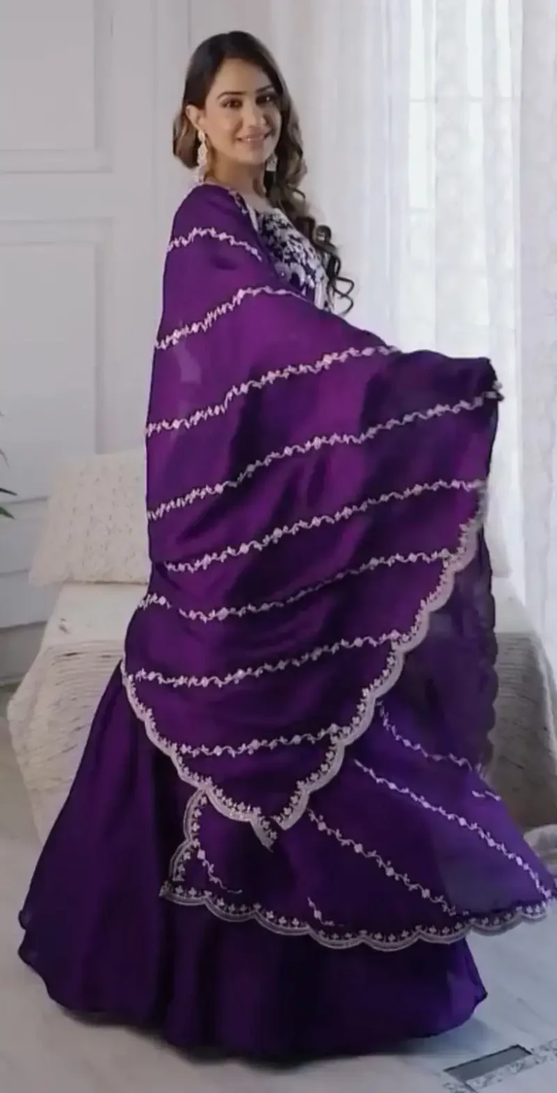 Purple Color Heavy Embroidery Thread Work Party Wear Gown