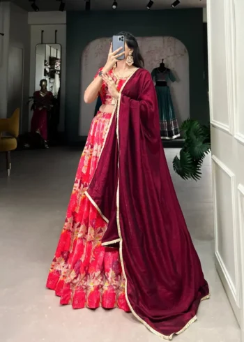 Red Color Tussar Silk Printed Bridesmaid Lehenga Choli