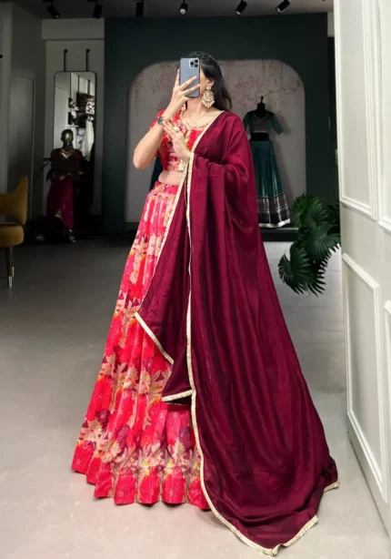 Red Color Tussar Silk Printed Bridesmaid Lehenga Choli