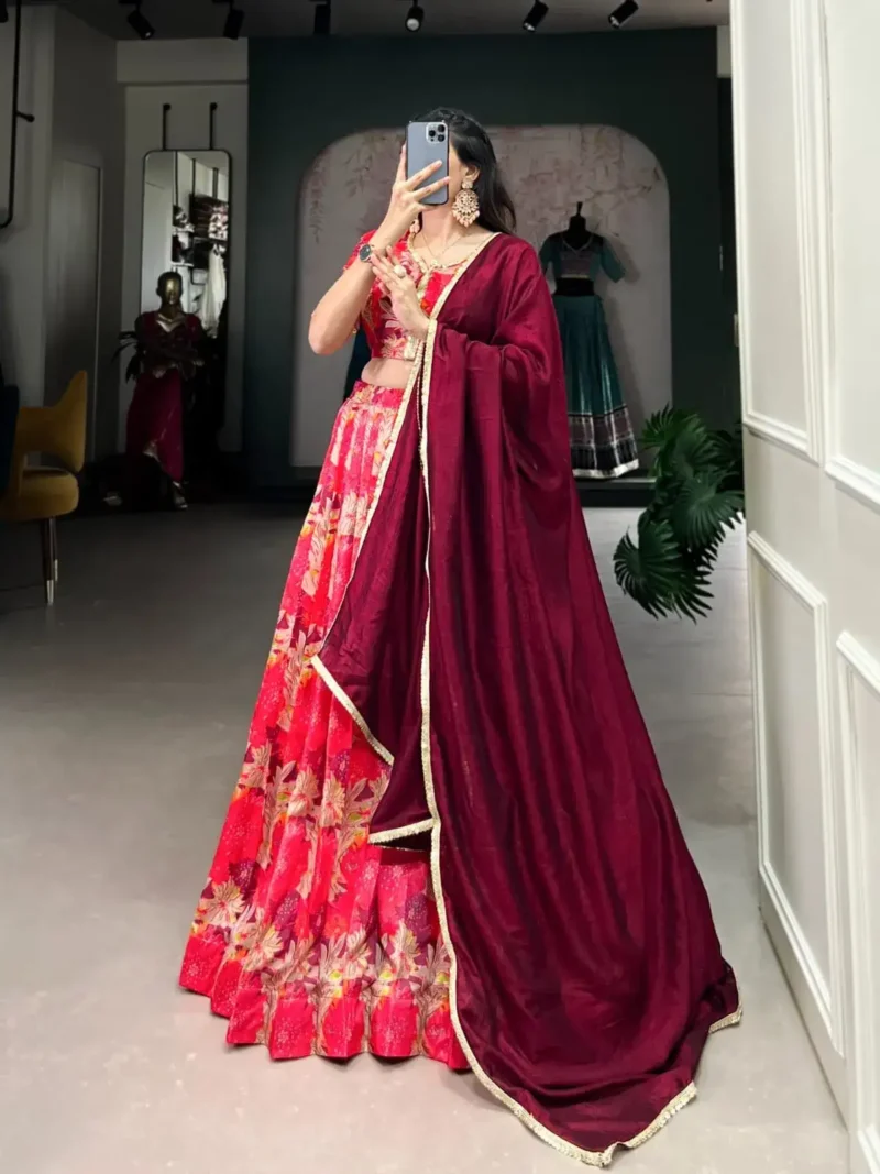 Red Color Tussar Silk Printed Bridesmaid Lehenga Choli