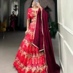Red Color Tussar Silk Printed Bridesmaid Lehenga Choli