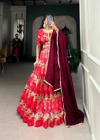Red Color Tussar Silk Printed Bridesmaid Lehenga Choli