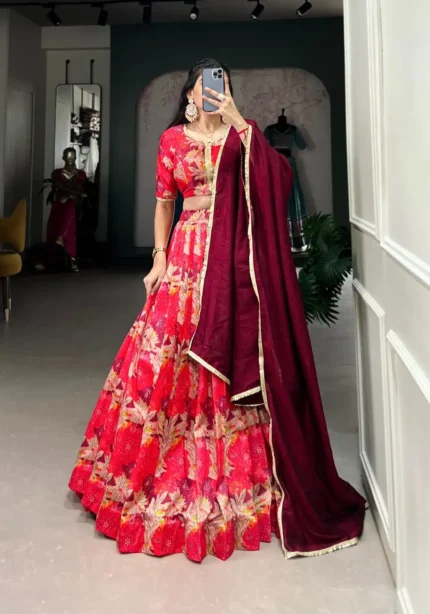 Red Color Tussar Silk Printed Bridesmaid Lehenga Choli