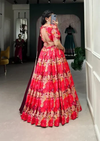 Red Color Tussar Silk Printed Bridesmaid Lehenga Choli