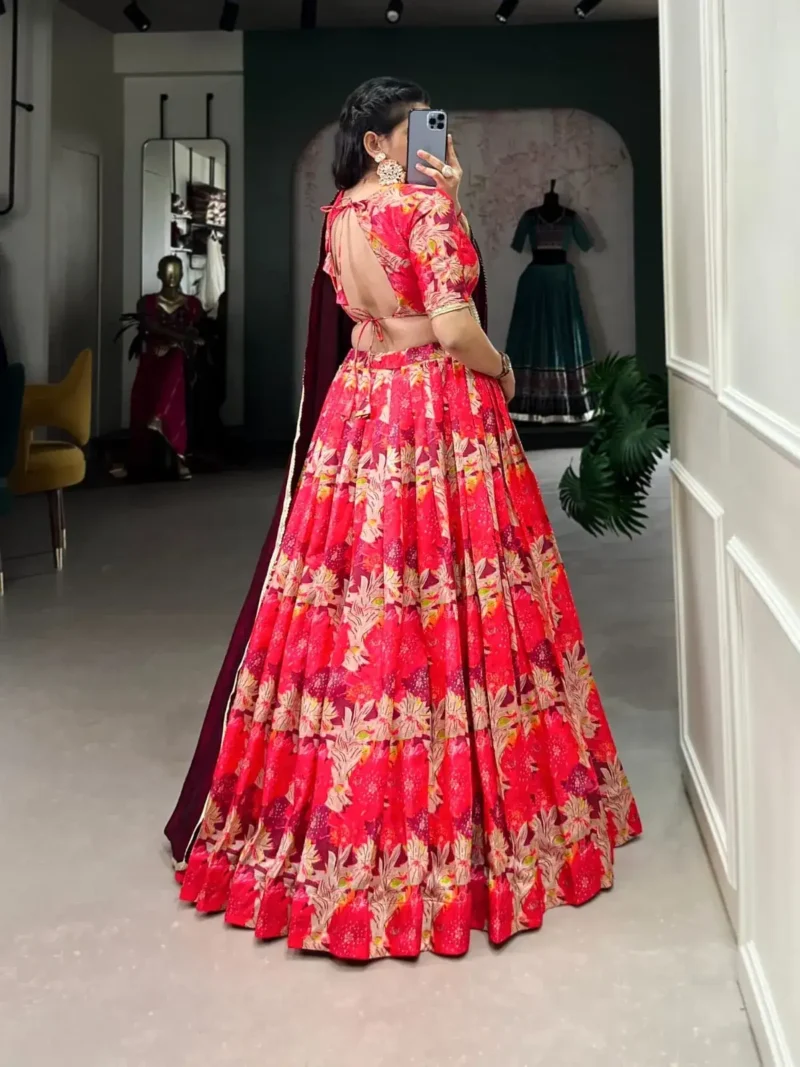 Red Color Tussar Silk Printed Bridesmaid Lehenga Choli