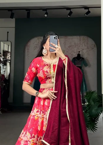 Red Color Tussar Silk Printed Bridesmaid Lehenga Choli