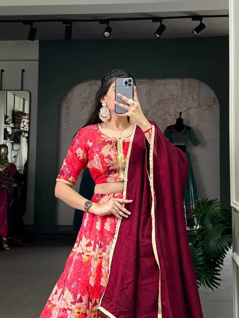 Red Color Tussar Silk Printed Bridesmaid Lehenga Choli