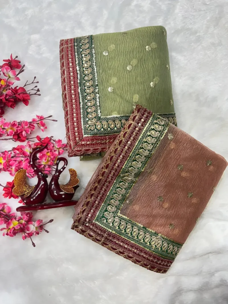 Sequins and Cording Embroidery Work Banarasi Crush Saree