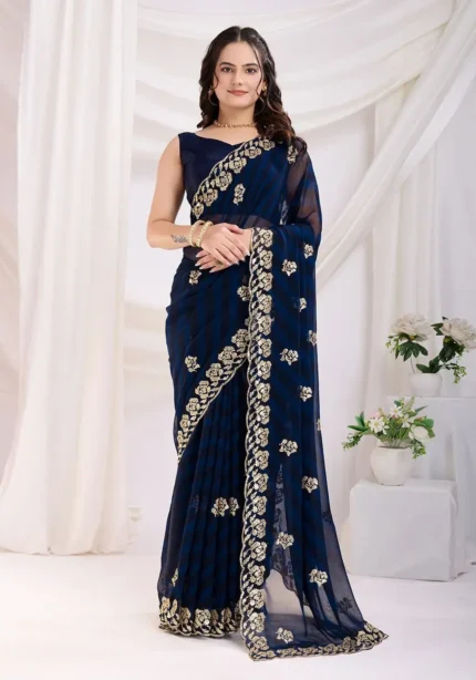 Sequins Embroidery Work Digital Printed Georgette Saree