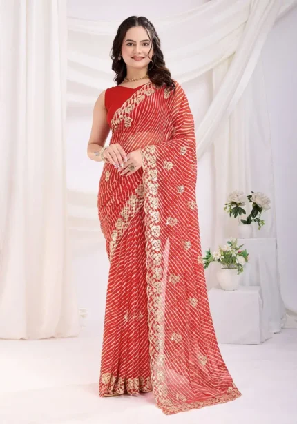 Sequins Embroidery Work Digital Printed Georgette Saree