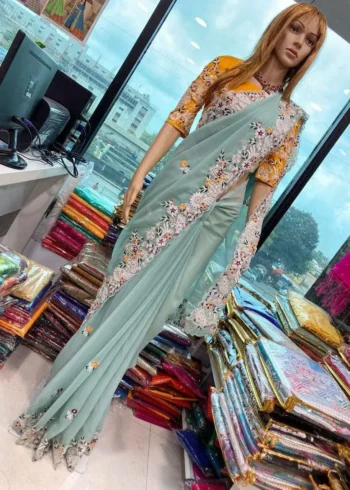 Sky Blue Heavy Embroidered Georgette Saree for Wedding