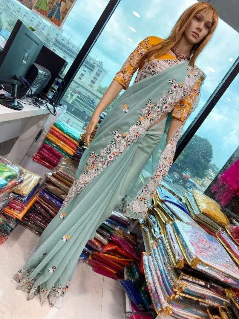 Sky Blue Heavy Embroidered Georgette Saree for Wedding