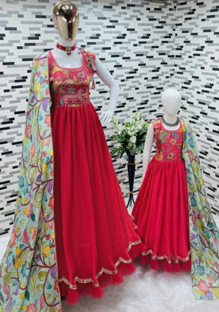 Soft Kalamkari Printed Mom & Daughter Gown Set