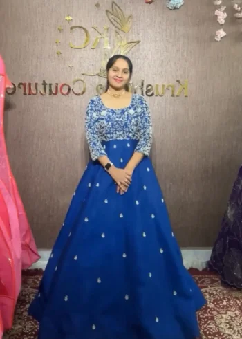 Stunning-Blue Chinon Heavy Embroidery Thread Work Wedding Designer Gown