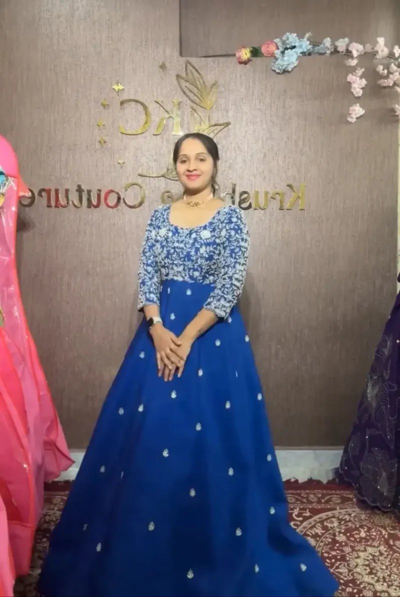 Stunning-Blue Chinon Heavy Embroidery Thread Work Wedding Designer Gown