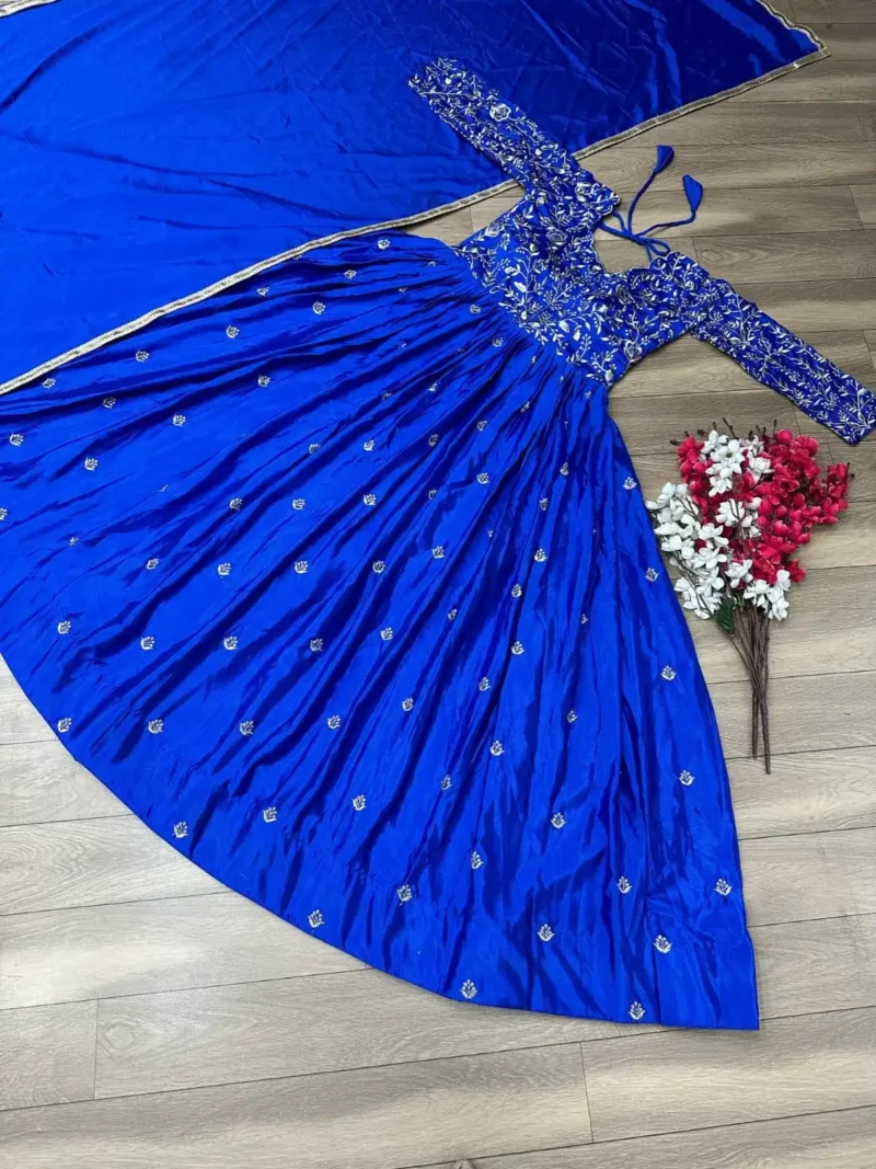 Stunning-Blue Chinon Heavy Embroidery Thread Work Wedding Designer Gown