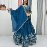 Stunning-Blue Chinon Heavy Embroidery Thread Work Wedding Lehenga Choli