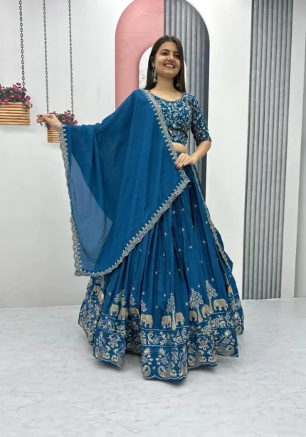 Stunning-Blue Chinon Heavy Embroidery Thread Work Wedding Lehenga Choli