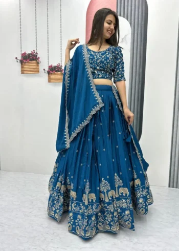 Stunning-Blue Chinon Heavy Embroidery Thread Work Wedding Lehenga Choli