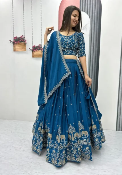 Stunning-Blue Chinon Heavy Embroidery Thread Work Wedding Lehenga Choli