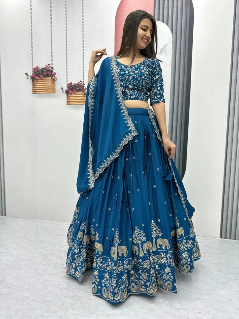 Stunning-Blue Chinon Heavy Embroidery Thread Work Wedding Lehenga Choli