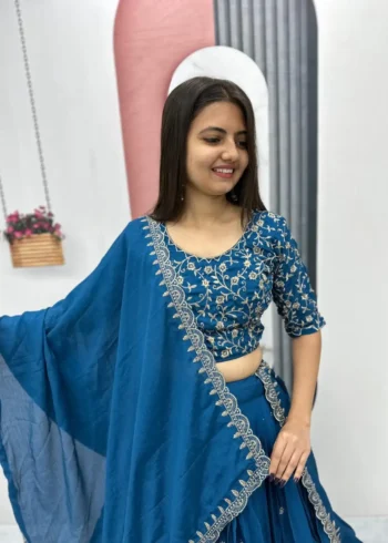 Stunning-Blue Chinon Heavy Embroidery Thread Work Wedding Lehenga Choli