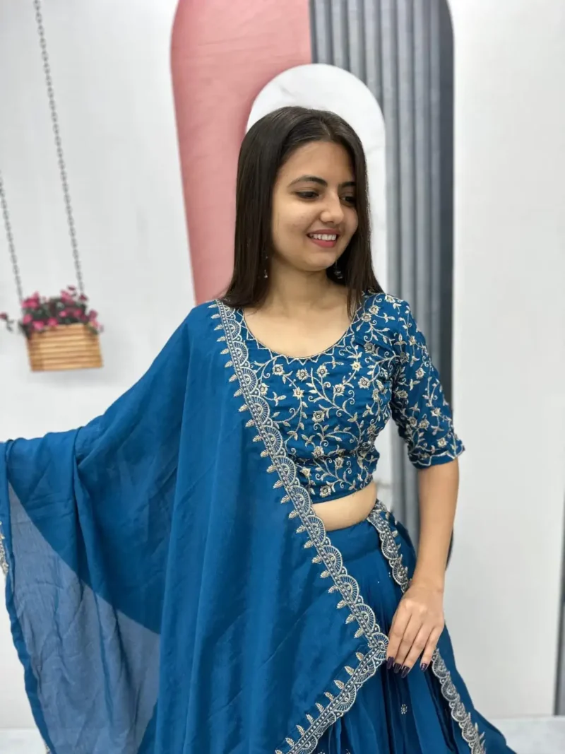 Stunning-Blue Chinon Heavy Embroidery Thread Work Wedding Lehenga Choli