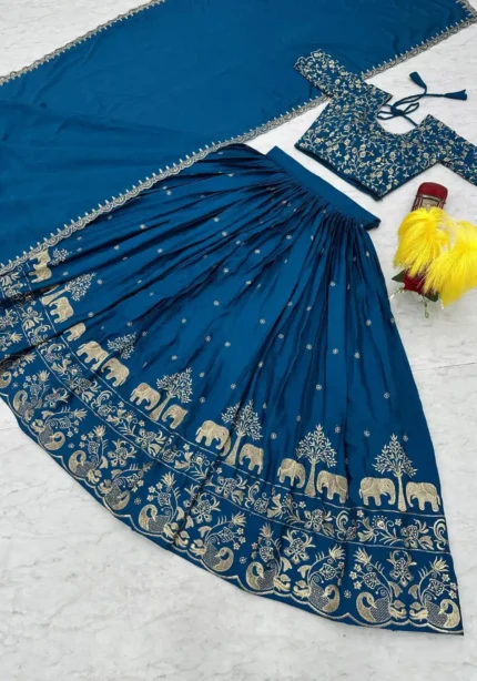 Stunning-Blue Chinon Heavy Embroidery Thread Work Wedding Lehenga Choli