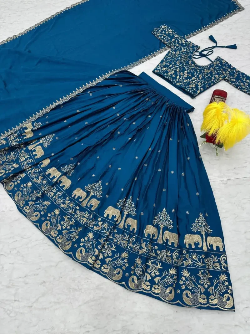 Stunning-Blue Chinon Heavy Embroidery Thread Work Wedding Lehenga Choli