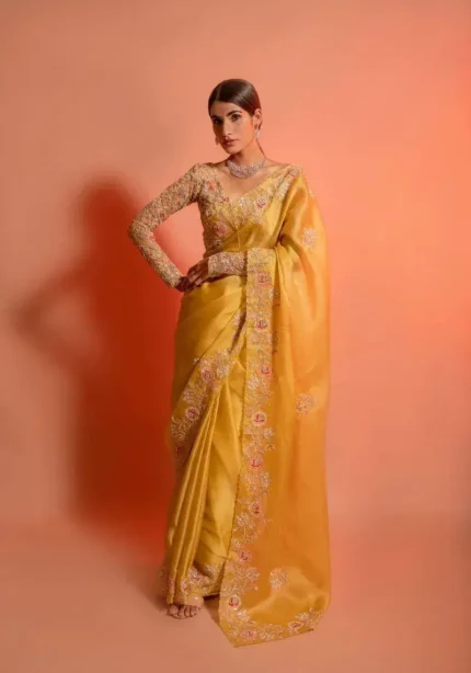 Jannat Zubair Inspired Yellow Soft Organza Wedding Saree