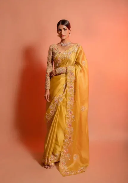 Jannat Zubair Inspired Yellow Soft Organza Wedding Saree