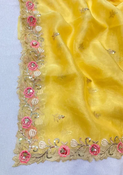 Jannat Zubair Inspired Yellow Soft Organza Wedding Saree