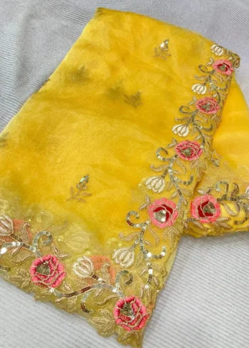 Jannat Zubair Inspired Yellow Soft Organza Wedding Saree