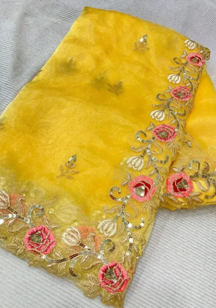 Jannat Zubair Inspired Yellow Soft Organza Wedding Saree