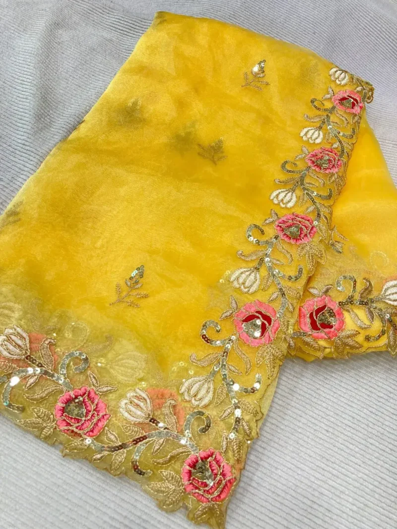 Jannat Zubair Inspired Yellow Soft Organza Wedding Saree