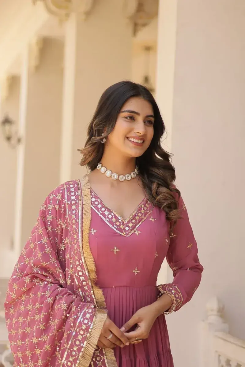 V Neck Embroidered Faux Georgette Party Wear Gown