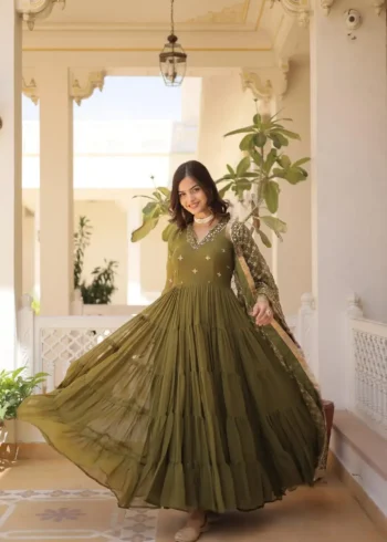V Neck Embroidered Faux Georgette Party Wear Gown