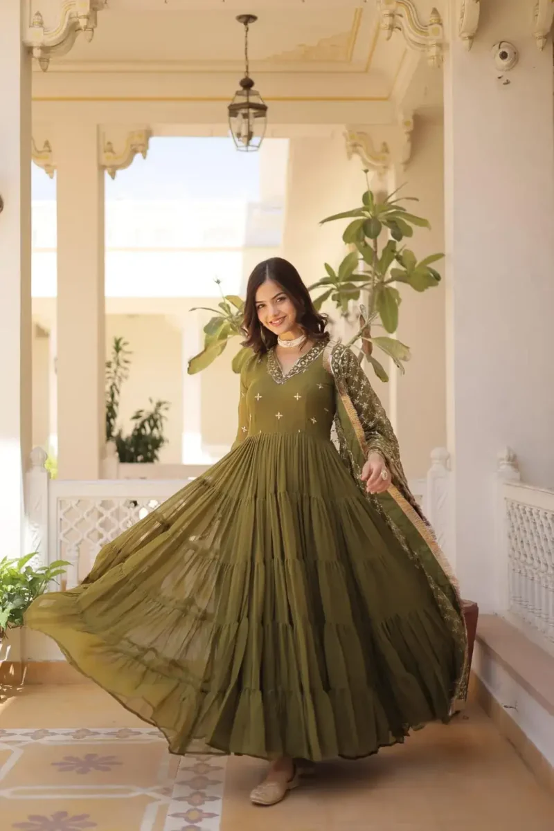 V Neck Embroidered Faux Georgette Party Wear Gown