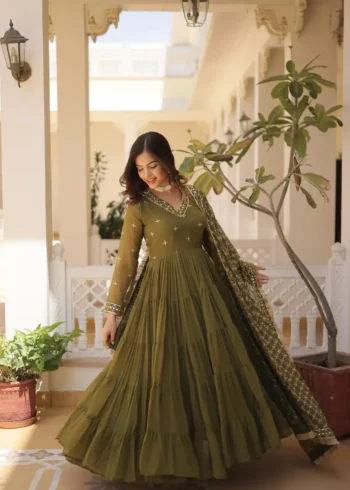 V Neck Embroidered Faux Georgette Party Wear Gown