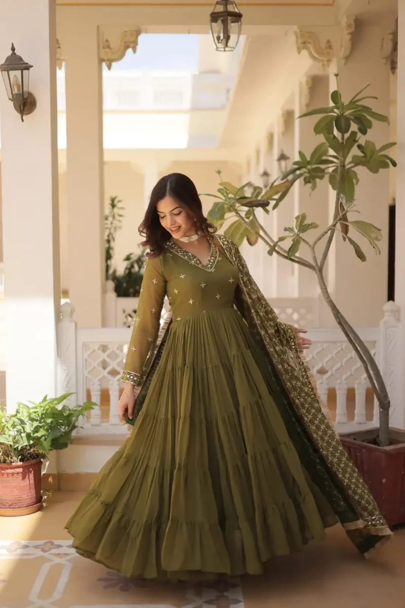 V Neck Embroidered Faux Georgette Party Wear Gown