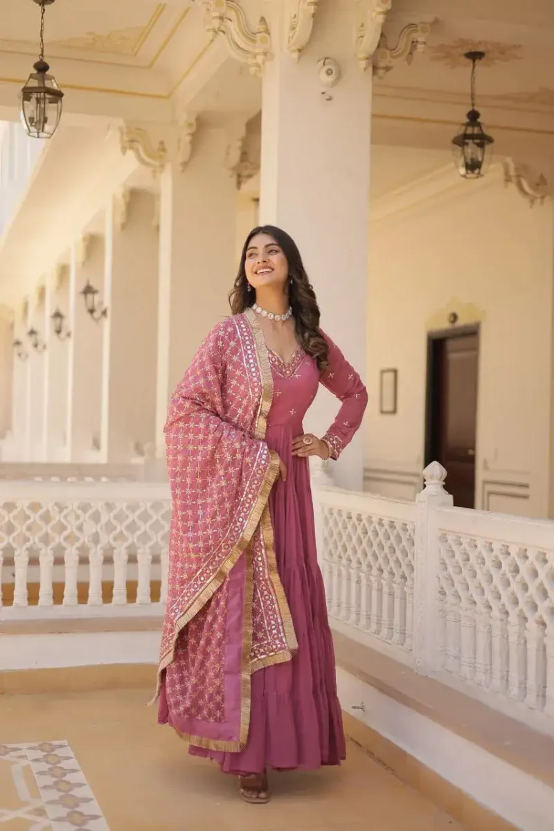 V Neck Embroidered Faux Georgette Party Wear Gown