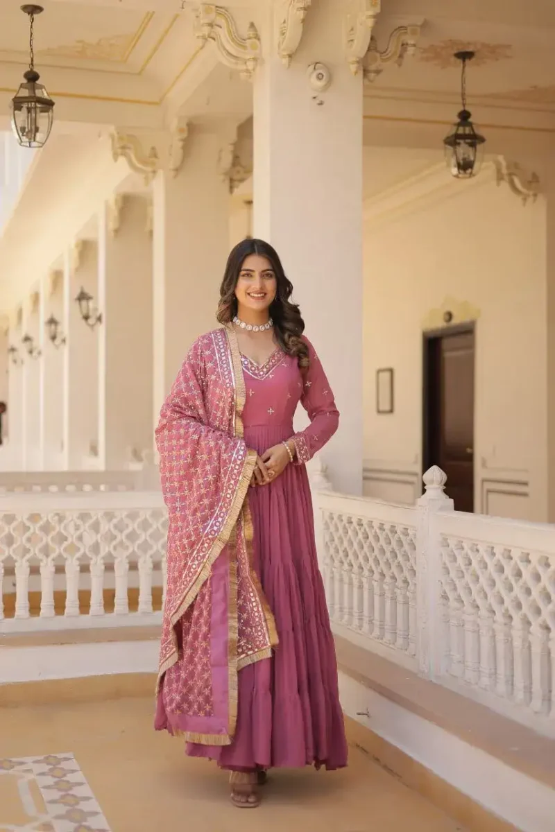 V Neck Embroidered Faux Georgette Party Wear Gown